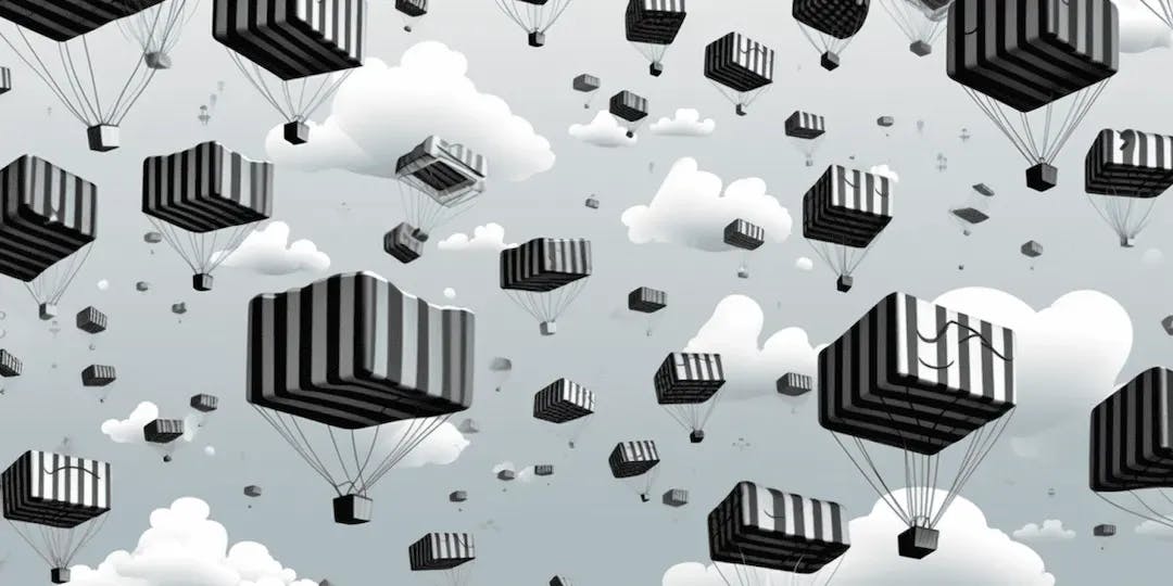 A image of boxes dropping from the sky with parachutes.